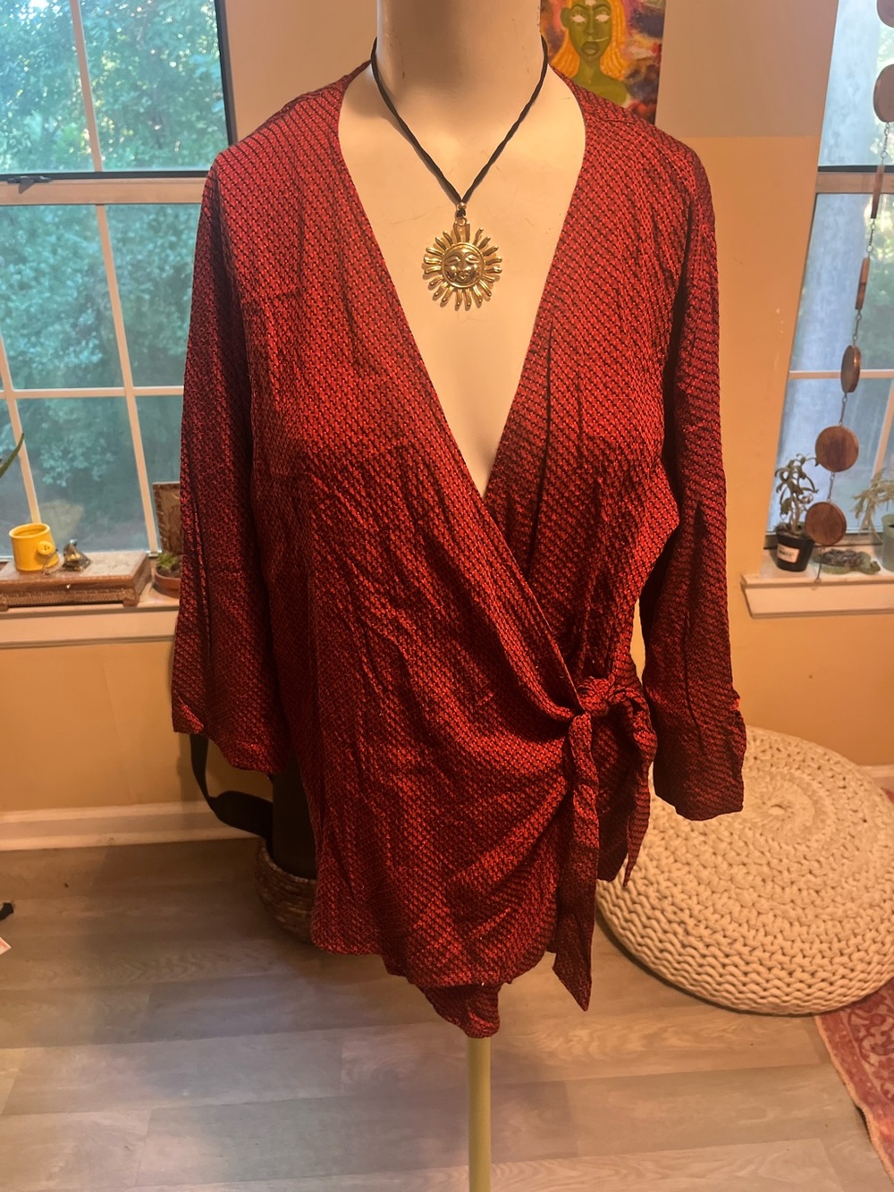 Too Fast Red Patterned Wrap Tunic with Side Knot